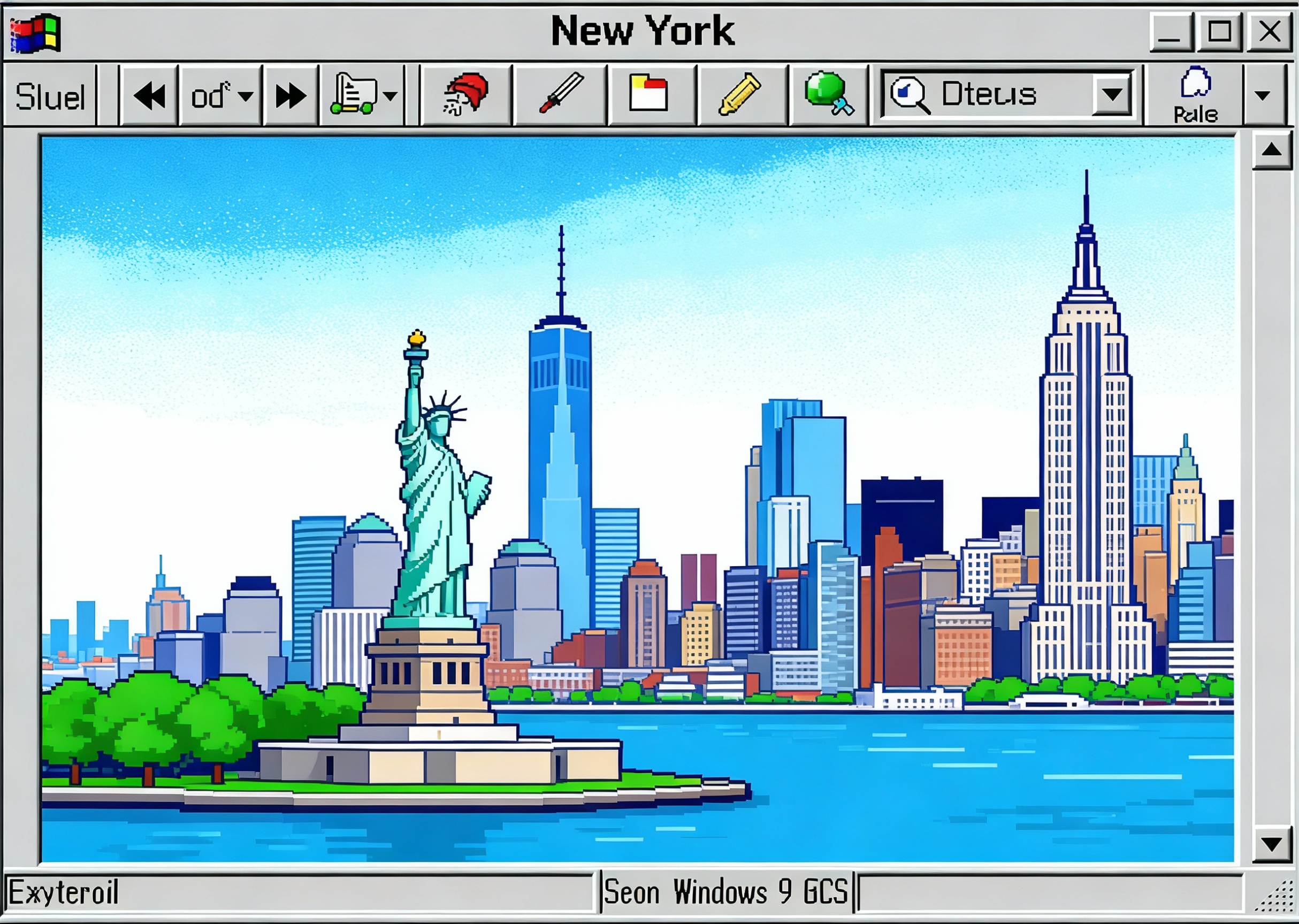 A retro pixel art illustration displayed inside a vintage Windows 95 style application window. The window title bar says "New York". The main image is a vibrant pixel art depiction of the New York City skyline, featuring the Statue of Liberty on the left and the Empire State Building on the right against a blue sky. The user interface includes retro gray buttons, scroll bars, and toolbar icons. 90s aesthetic, vaporwave style, nostalgic software UI.