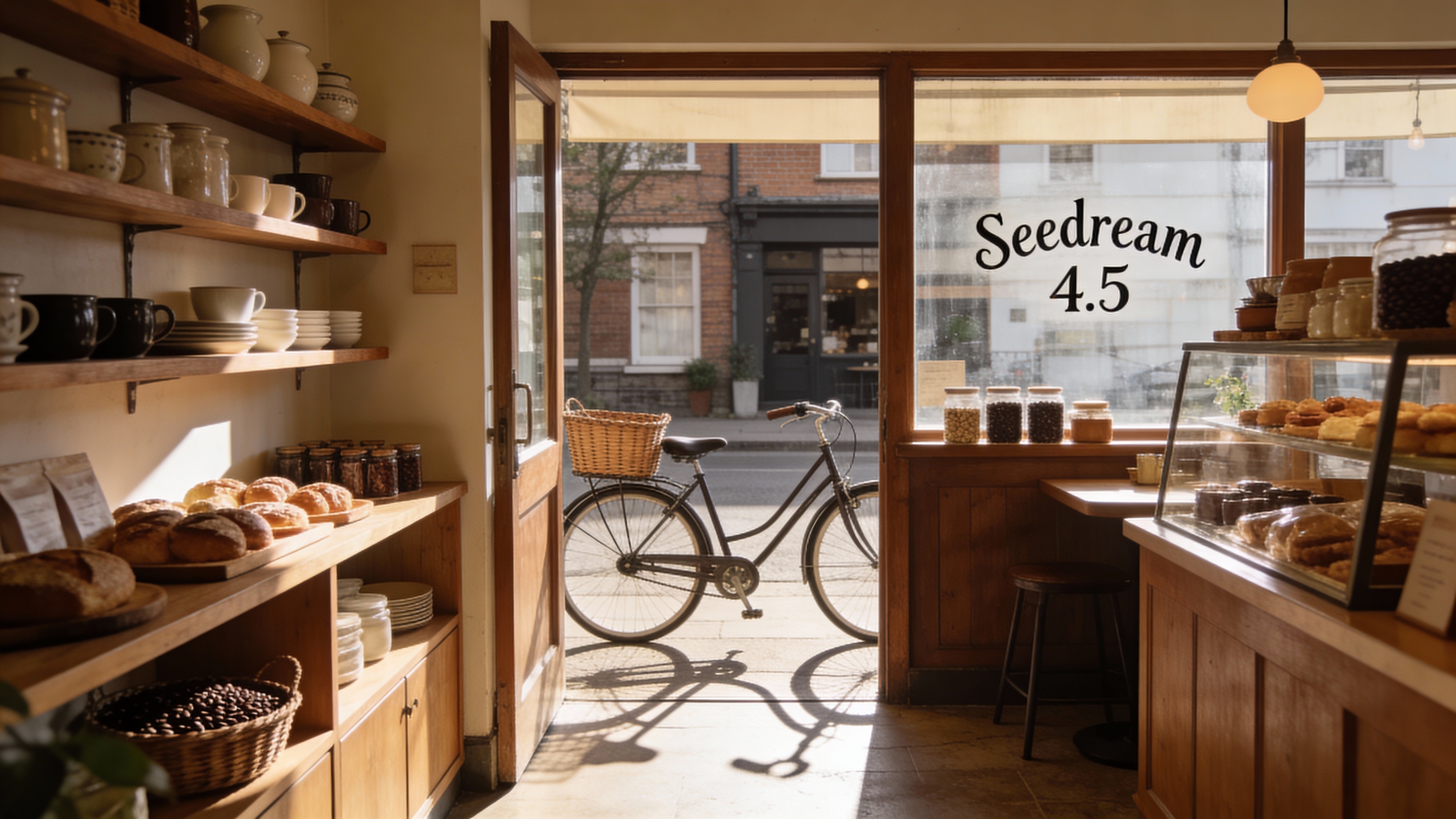 A warm, nostalgic film-style interior of a cozy café, shot on 35mm-inspired digital photography with soft afternoon sunlight filtering through the front windows. Wooden shelves display neatly arranged ceramics, pastries, and coffee beans. Hand-painted signage on the main interior window reads ‘Seedream 4.5’ in clean, classic lettering, similar to boutique branding. A vintage bicycle with a wicker basket is visible outside the entrance, casting soft shadows on the floor. Rich textures, natural light, warm tones, subtle grain, and calm neighborhood-café ambiance.