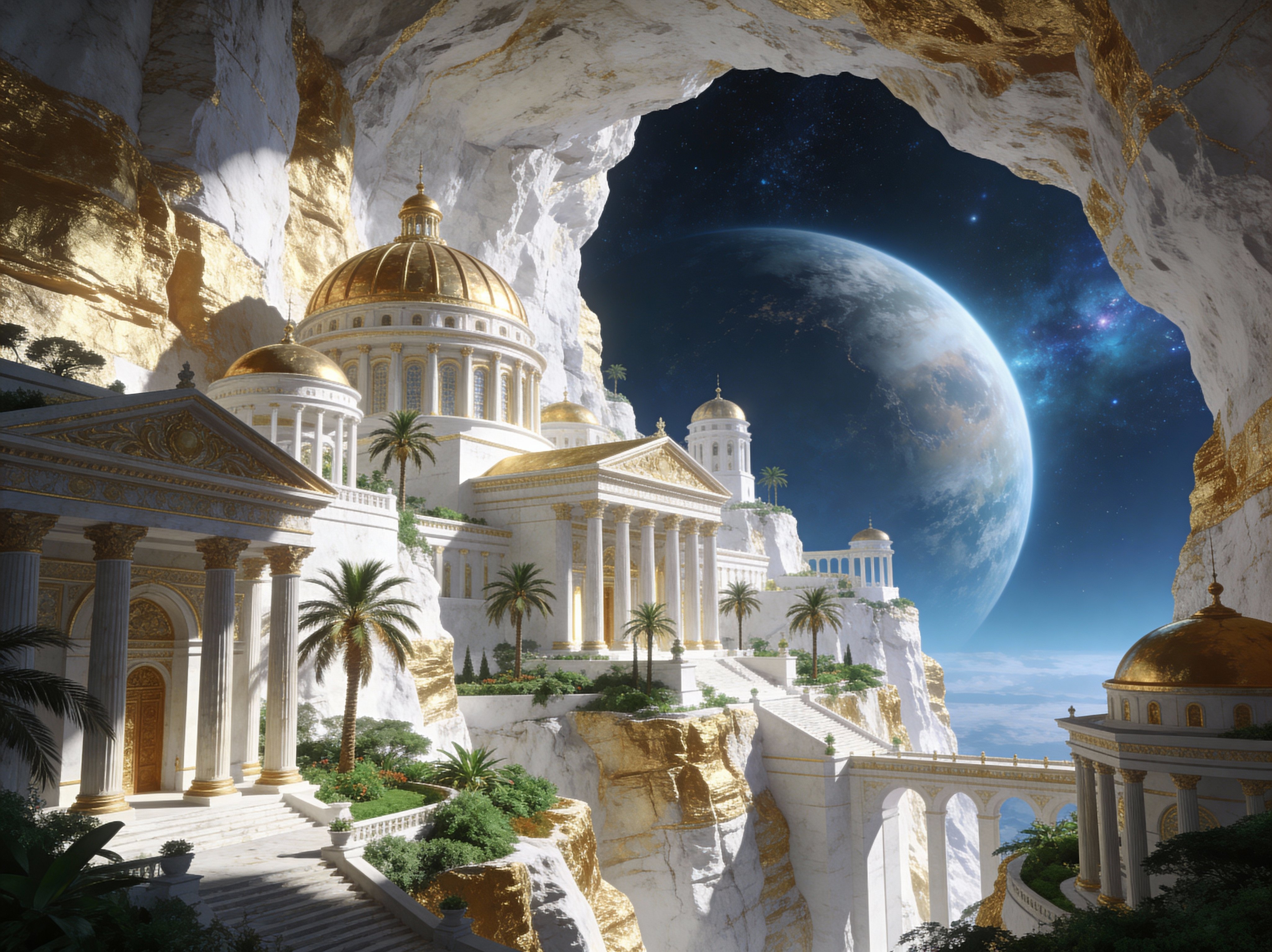 A majestic fantasy landscape featuring a grand white and gold Greco-Roman palace built into the cliffs of a massive cave. The architecture includes marble columns, golden domes, and intricate bridges connecting the structures. Through the huge cave opening, a breathtaking view of outer space is visible, featuring a large blue earth-like planet and a starry galaxy background. Ethereal lighting, celestial atmosphere, epic scale, highly detailed digital art, 8k resolution.