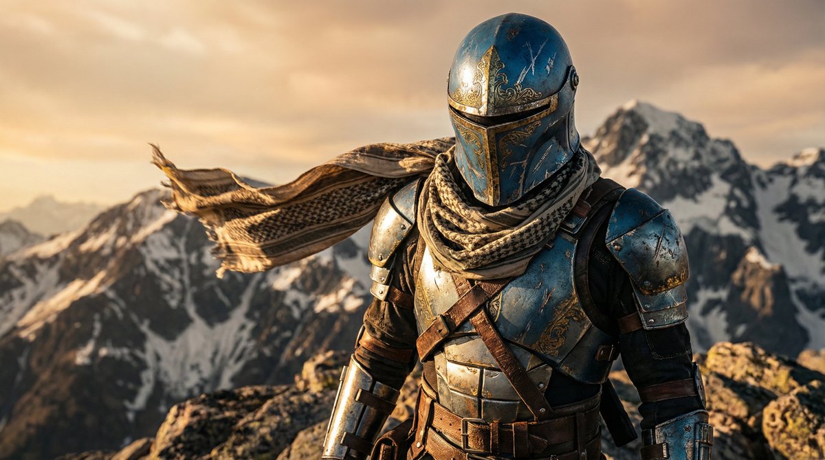 A cinematic shot of a warrior in weathered blue and silver plate armor with intricate gold filigree. The helmet combines medieval knight and sci-fi aesthetics with a T-shaped visor. The warrior wears a beige checkered shemagh scarf wrapped around their neck, blowing in the wind. They are standing on a rugged mountain peak. The background features snow-capped mountains and a sunset sky. Realistic textures, scratched metal, heroic pose, epic fantasy concept art.