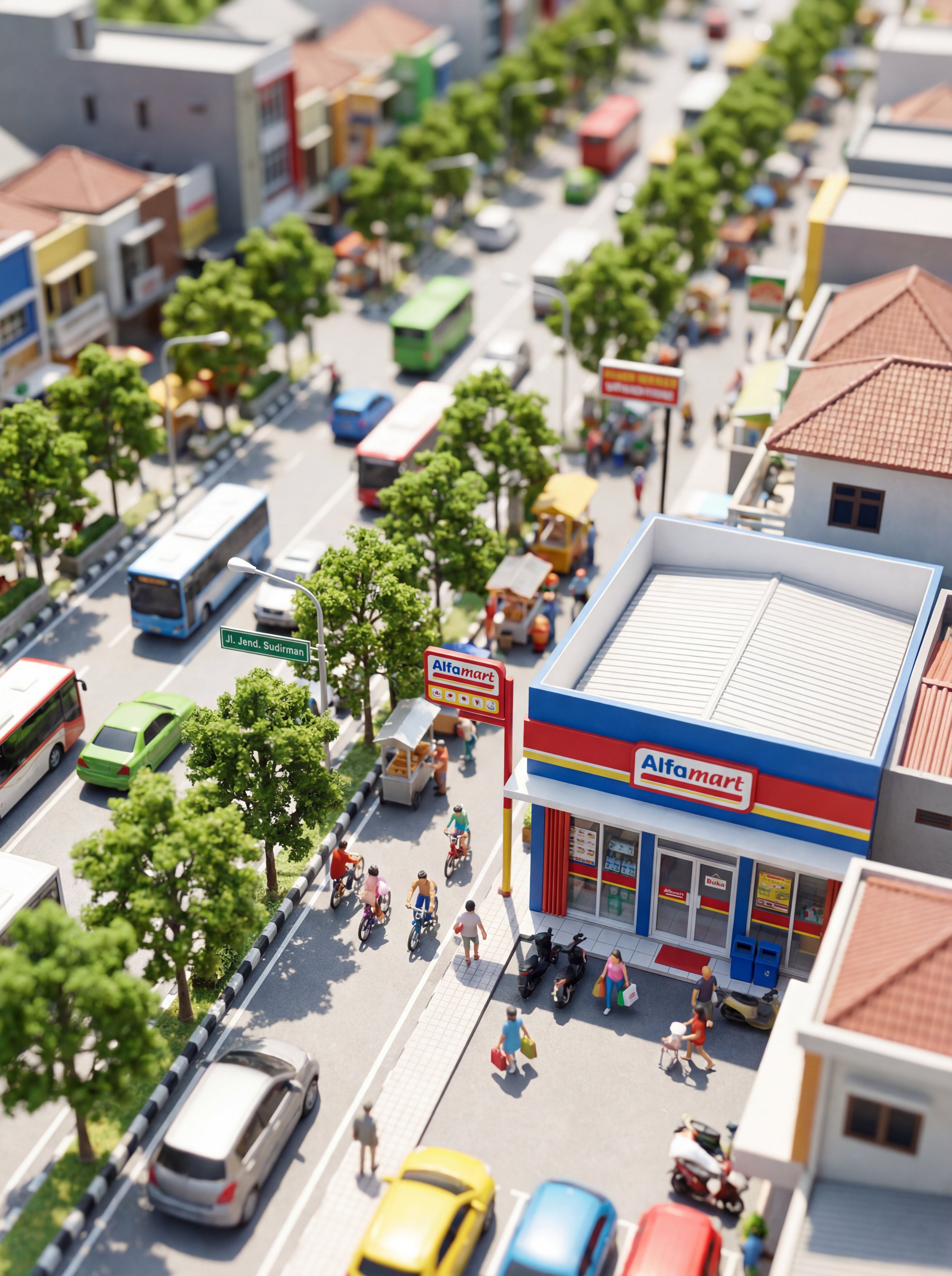 A tilt-shift photography shot of a busy street scene that looks like a miniature diorama. In the foreground, there is an "Alfamart" convenience store with a blue and red sign. The street is filled with tiny toy-like cars, yellow taxis, motorbikes, and pedestrians. Green trees line the road. High angle isometric view, heavy depth of field (blurring top and bottom), vibrant colors, cute and detailed miniature world.